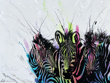 Three Colored Zebras Peinture intitulée "Three Colored Zebras" par Luca Azzurro Arts, Œuvre d'art originale, Acrylique Monté sur Châssis en bois