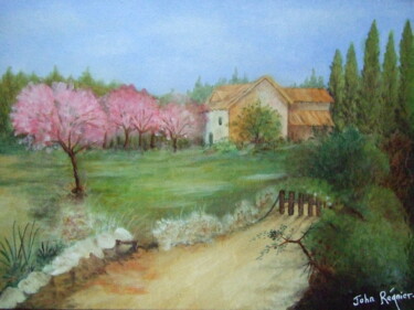 Peinture intitulée "Pêchers en fleurs" par John Regnier, Œuvre d'art originale, Huile Monté sur Châssis en bois