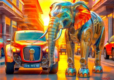 Éléphant robotique et voiture de collection Digital Arts titled "Éléphant robotique…" by Doron B, Original Artwork, Digital Painting