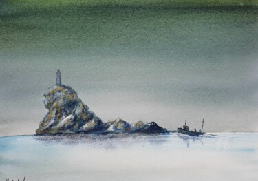 Peinture intitulée "LE PHARE AU ROCHER" par Alain Devienne, Œuvre d'art originale, Aquarelle