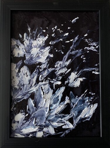 Abstract white flowers on black. Painting titled "Abstract white flow…" by Vita Schagen, Original Artwork, Oil