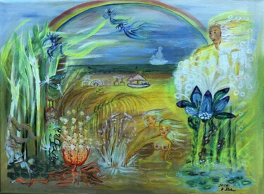 Pittura intitolato "Badende im Schilf" da Annemarie Stelzer, Opera d'arte originale, Tempera