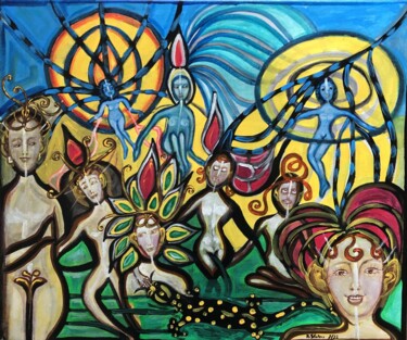 Pittura intitolato "Die blauen Spinnen-…" da Annemarie Stelzer, Opera d'arte originale, Tempera