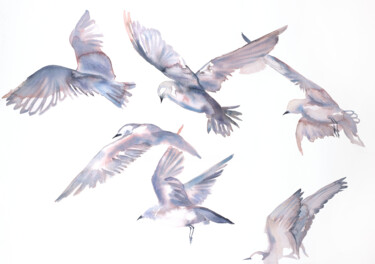 Seagulls in Flight 绘画 标题为“Seagulls in Flight” 由Elizabeth Becker, 原创艺术品, 水彩