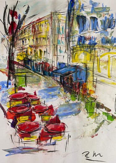 「Un café tôt le matin」というタイトルの絵画 Regine Blotによって, オリジナルのアートワーク, アクリル ウッドパネルにマウント