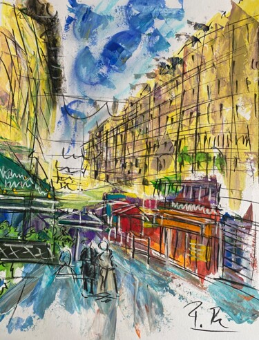 Painting titled "Rue avec restaurants" by Regine Blot, Original Artwork, Acrylic Mounted on Wood Panel