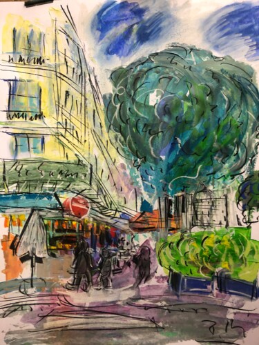「Place au Marais」というタイトルの絵画 Regine Blotによって, オリジナルのアートワーク, アクリル ウッドパネルにマウント