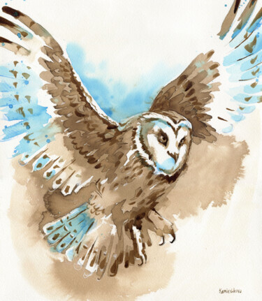Peinture intitulée "Owl flying watercol…" par Olga Yakymenko, Œuvre d'art originale, Aquarelle