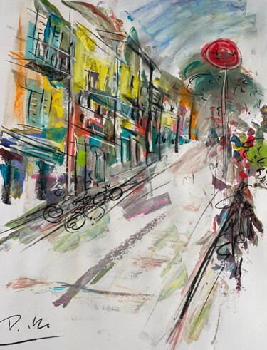 「Rue en pente douce」というタイトルの絵画 Regine Blotによって, オリジナルのアートワーク, アクリル ウッドパネルにマウント