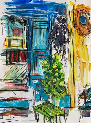 「Boutique en juillet」というタイトルの絵画 Regine Blotによって, オリジナルのアートワーク, アクリル ウッドパネルにマウント