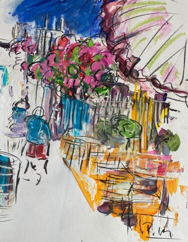 「Restaurant dans un…」というタイトルの絵画 Regine Blotによって, オリジナルのアートワーク, アクリル ウッドパネルにマウント
