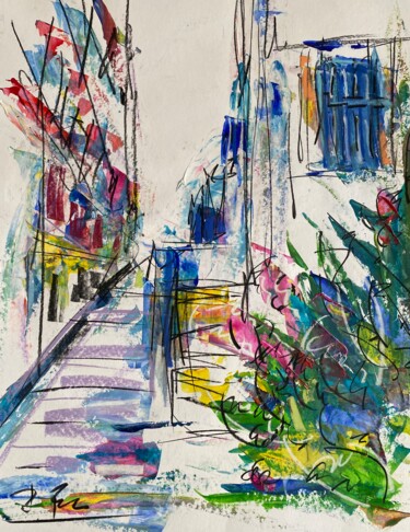 Ruelle blanche avec des fleurs Painting titled "Ruelle blanche avec…" by Regine Blot, Original Artwork, Acrylic Mounted on Wood Panel