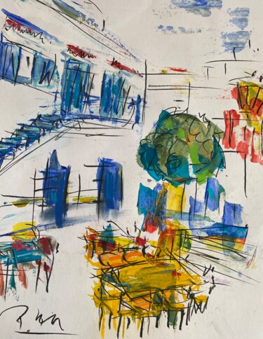 Painting titled "Cour intérieure en…" by Regine Blot, Original Artwork, Acrylic Mounted on Wood Panel