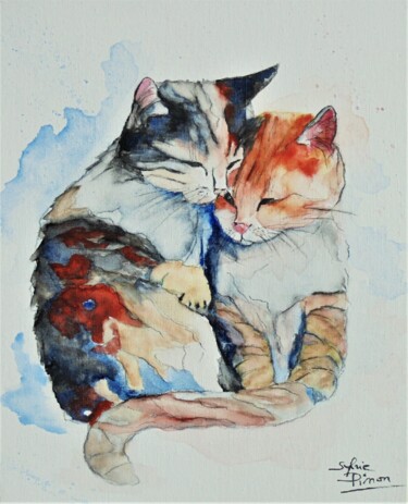 绘画 标题为“les 2 chats couleur” 由Sylvie Pinon, 原创艺术品, 水彩