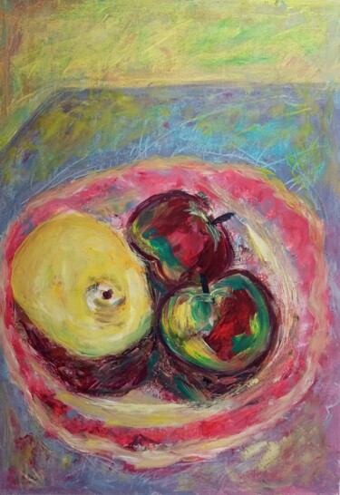 Un citron et deux pommes Malerei mit dem Titel "Un citron et deux p…" von Natalya Mougenot, Original-Kunstwerk, Öl