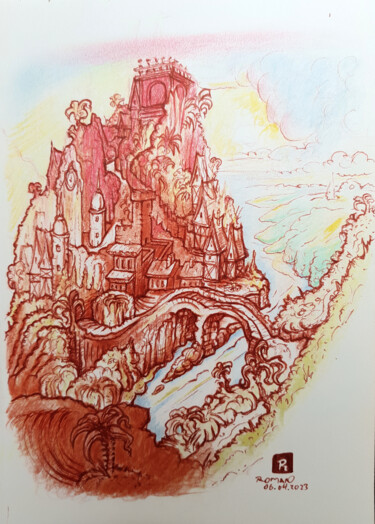 图画 标题为“Mediterranean town” 由Roman, 原创艺术品, 墨