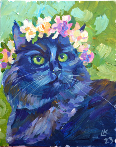 「Black Cat in Flower…」というタイトルの絵画 Lada Kholoshoによって, オリジナルのアートワーク, アクリル 段ボールにマウント