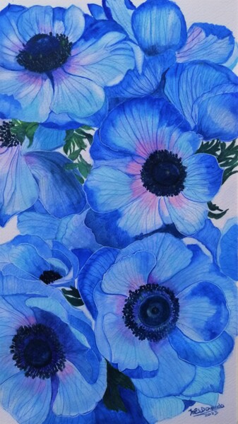 Painting titled "Anémonas azuis" by Inês Dourado, Original Artwork, Watercolor