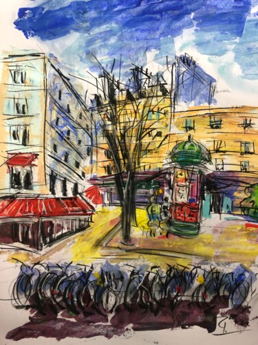 Painting titled "Place à Paris" by Regine Blot, Original Artwork, Acrylic Mounted on Wood Panel