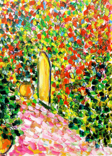 Painting titled "Cour fleurie" by Jean Mirre, Original Artwork, Oil