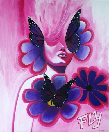 Peinture intitulée "La fille aux papill…" par Aurélie Goarzin, Œuvre d'art originale, Huile Monté sur Châssis en bois