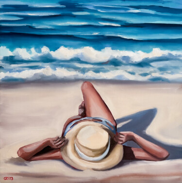 Lady on the Beach - Female Figure Ocean Wave Seascape Peinture intitulée "Lady on the Beach -…" par Daria Gerasimova, Œuvre d'art originale, Huile Monté sur Châssis en bois