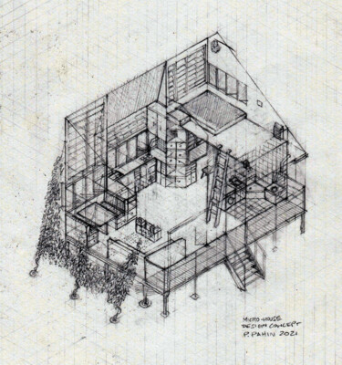Micro-house concept, hand-drawn isometric perspective Dessin intitulée "Micro-house concept…" par Philipp Pahin, Œuvre d'art originale, Graphite