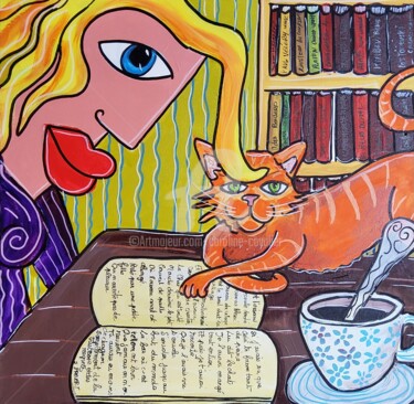 Peinture intitulée "Le chat et l’oiseau" par Caroline Cavalier, Œuvre d'art originale, Acrylique Monté sur Châssis en bois