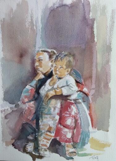 Peinture intitulée "Mère et enfant" par Martine Banacer, Œuvre d'art originale, Aquarelle