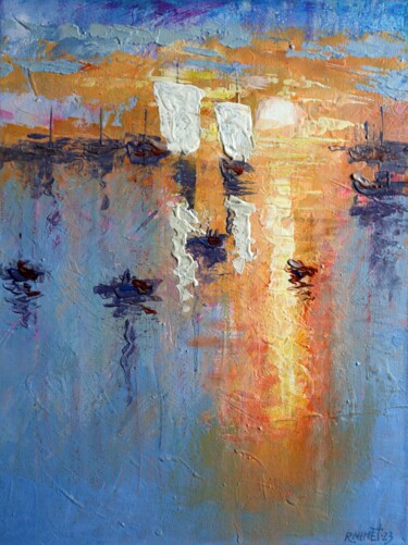 Painting titled "Sea Harbor" by Rakhmet Redzhepov, Original Artwork, Oil Mounted on Wood Stretcher frame
