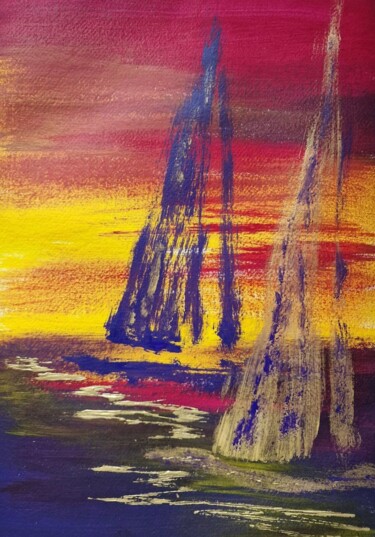 绘画 标题为“Two yachts at sunset” 由Olena Yemelianova, 原创艺术品, 丙烯