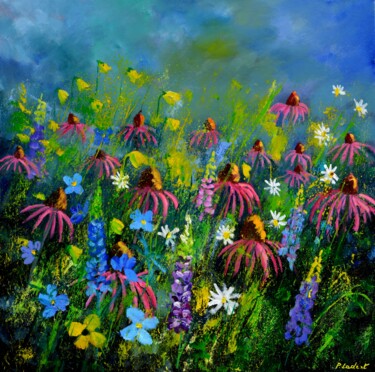 Schilderij getiteld "Rudbeckias" door Pol Ledent, Origineel Kunstwerk, Olie Gemonteerd op Frame voor houten brancard
