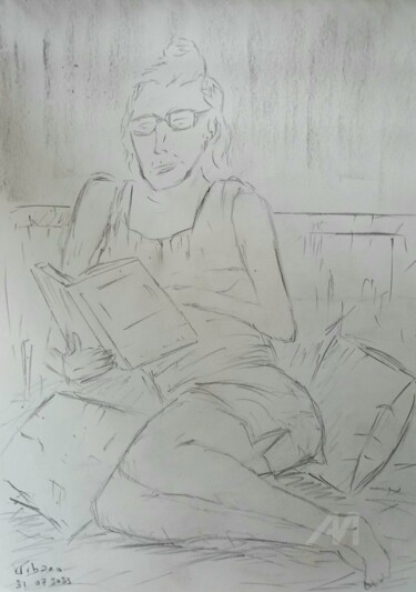 Dessin intitulée "Pascaline lecture d…" par Roberto Urbano, Œuvre d'art originale, Crayon