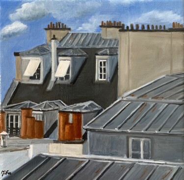 balade sur les toits (3) Peinture intitulée "balade sur les toit…" par Marie France Garrigues, Œuvre d'art originale, Huile Monté sur Châssis en bois