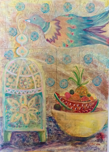 绘画 标题为“still life with bir…” 由Nalini Shanthi Cook, 原创艺术品, 丙烯