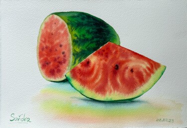 Painting titled "Sunny watermelon" by Oleksandra Padushyna, Original Artwork, Watercolor