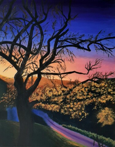 Sunset and tree, landscape, acrylic, dark blue, salmon pink Peinture intitulée "Sunset and tree, la…" par Monica Le Crom, Œuvre d'art originale, Acrylique Monté sur Châssis en bois