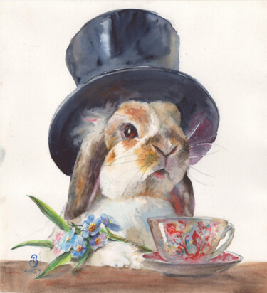 Welcome to tea party. Rabbit in a top hat 绘画 标题为“Welcome to tea part…” 由Irene Bibik-Chkolian, 原创艺术品, 水彩