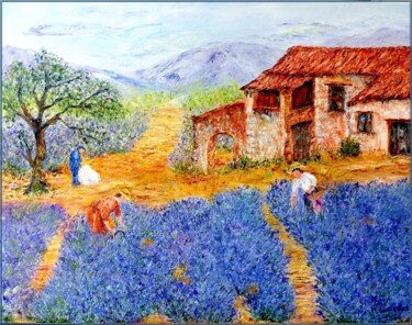 Le mas aux lavandes Peinture intitulée "Le mas aux lavandes" par Monique Laville, Œuvre d'art originale, Huile Monté sur Châssis en bois