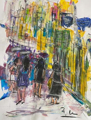 「Shopping」というタイトルの絵画 Regine Blotによって, オリジナルのアートワーク, アクリル ウッドパネルにマウント