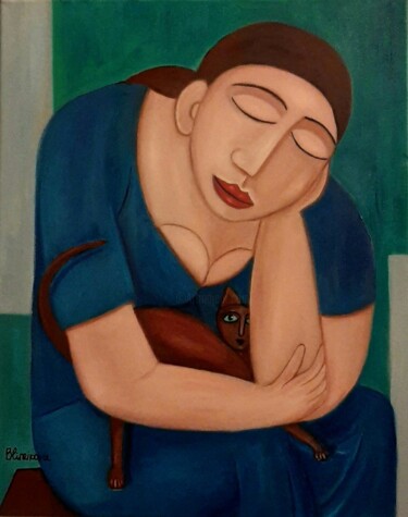 Painting titled "Femme avec chaton" by Olena Blinnikova, Original Artwork, Oil Mounted on Wood Stretcher frame