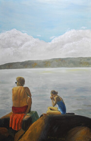 Painting titled "Mother and daugther…" by Asher, Original Artwork, Oil Mounted on Wood Stretcher frame