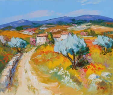 Painting titled "Paysage  Printanier" by Jacques Volpi, Original Artwork, Oil Mounted on Wood Stretcher frame