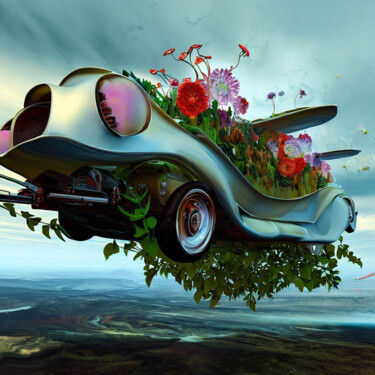 Flying car with floral decoration Artes digitais intitulada "Flying car with flo…" por Mary Gov, Obras de arte originais, Impressão digital