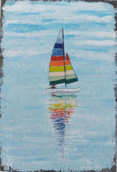 Peinture intitulée "Voilier multicolore…" par Alain Favé, Œuvre d'art originale, Acrylique Monté sur Pierre