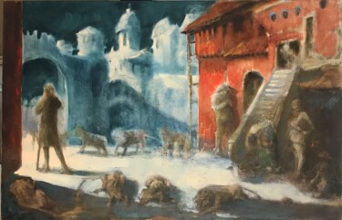 Young Lions Painting titled "Young Lions" by Sergii Shkoliar, Original Artwork, Oil Mounted on Wood Stretcher frame