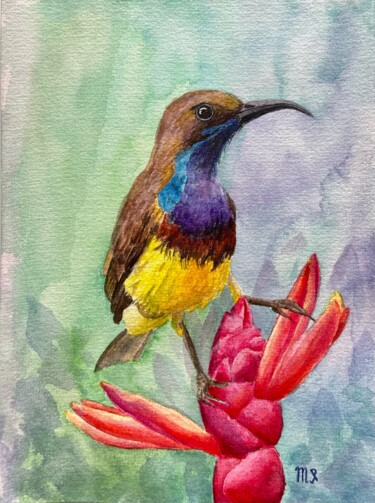 Painting titled "Olive-backed sunbird" by Inna Martynenko, Original Artwork, Watercolor