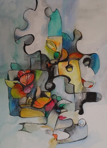 Painting titled "PUZZLE" by Marie-Claude Guillemot, Original Artwork, Watercolor