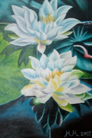 Painting titled "Two white waterlili" by Marija Mitrovic, Original Artwork, Oil