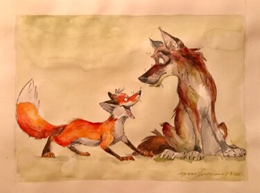 Schilderij getiteld "Foxy red nose" door Irene Postolnaya, Origineel Kunstwerk, Aquarel